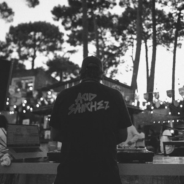 DJ de espaldas pasando música en una fiesta entre los pinos
